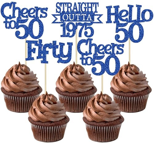 Ephlyn 24Pcs Happy 50th Birthday Cupcake Toppers Glitter Straight Outta 1975 Cupcake Picks Hello 50 Cheers to 50 Years Birthday Cake Decorations for 50th Birthday Anniversary Party Supplies Blue