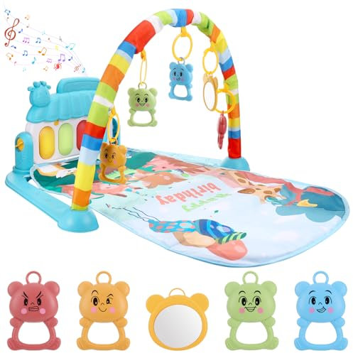 JIZZU Gimnasio Bebe 0-6 Meses, Manta Actividades Bebe con Colgante Oscilante(5 Accesorios), Manta de Juegos Bebe con 6 Modos de Piano Bebe, Alfombra Sensorial Bebe de Motivo de Animales