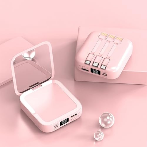 KhUkhu Power Bank con Cavi Integrati E Specchio per Il Trucco, Caricabatterie Portatile da 10000 mAh, Batteria Esterna con 3 Uscite E 2 Ingressi, Mini Power Bank,Rosa
