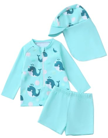 Generisch Ropa de protección solar infantil de manga larga Rashguard con bañador, gorro para bebés de 0 a 3 años, traje de verano para la playa, piscina, Pascua, bebé, verde menta1., 6-12 meses