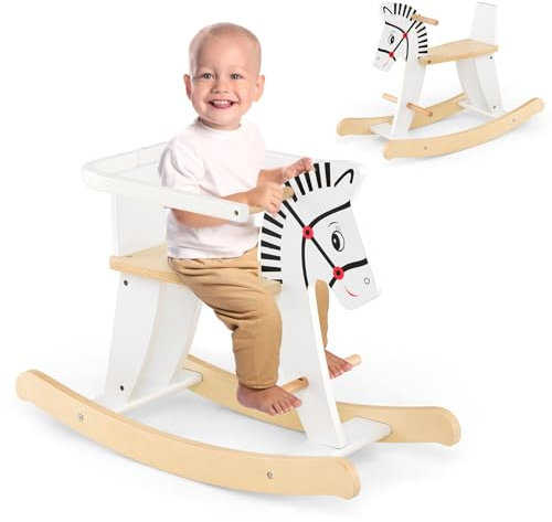 HOMASIS 2 in 1 Schaukelpferd Zebra, Baby Schaukelstuhl aus Holz, Weiß Schaukeltier mit Abnehmbarem Zaun & Griffe & Fußstütze, Schaukelwippe Tragkraft 40 kg, Schaukelspielzeug für Kinder ab 3 Jahren