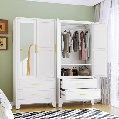 RIETERN Metal Armoire Wardrobe Closet, 71 Tall Bedroom Closet with Mirror, 2 Drawers, Adjustable Shelves, and Hanging Rod, Steel Clothes Closets and Storage, for Bedroom White