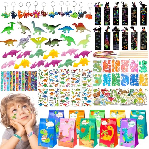 FICOFISE 155 Stück Dino Party Mitgebsel & Deko für Kindergeburtstag – Geschenke für Kindergeburtstag Jungen mit SchnapparmbändernTattoo-Aufklebern Dino Schlüsselanhängern Dinos Figuren Geschenktüte