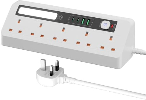 5 Way Power Socket Corner Power Strip, Desk Extension Lead USB C Slots | Corner Power Strip with 2 USB-2 Type-C, 5 Sockets with touch light, Surge Protection with 2M Cable for Home Office White