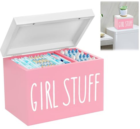 Ruaizel Bindor förvaring badrum, träförvaringslåda hygienartiklar, 2 fack tamponghållare för badrum med lock, tampongförvaring badrum, tampongorganiserlåda (rosa)