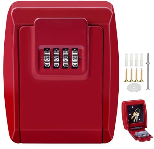 Sveltrinne Key Safe Lock Box, Aluminium Alloy Outdoor Wall Mounted Key Cabinet with Combination Lock for Home, Holiday Rental, Garage, Office & Apartment - Mounting Hardware Include（Red）