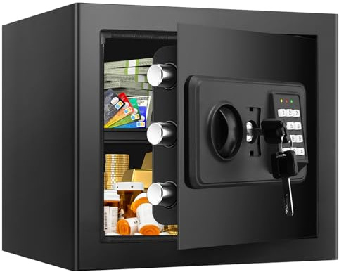 1.6 Cuft Small Home Safes Water and Fireproof, Fire proof Safes for Home Use, Anti-Theft Security Safe Box With Digital Keypad & Removable Shelf and Led Light, Money Safes for Documents Valuables