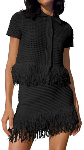 Fisoew Womens 2 Piece Crochet Outfits Short Sleeve Button Knit Sweater Tops Fringe Skirt Summer Vacation Sets Beach Cover Ups Black