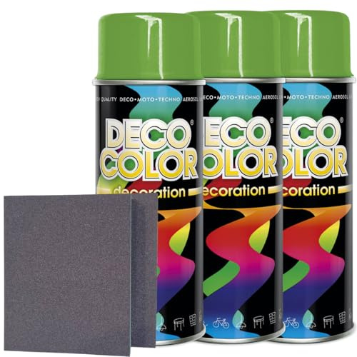 Craft-Equip DC 3er Sparpack Lackspray nach RAL in 400ml zur Lackierung von Auto Stahl Aluminium Beton Holz und 2 Stück Schleifpads (3 Dosen in gelbgrün glanz RAL 6018 + 2 Stück Schleifschwamm)