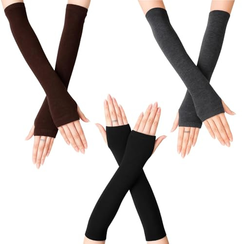 YgonziRuvc 3 Pairs Arm Warmers, Wrist Warmers for Women, Long Fingerless Gloves, Silver Gloves, Winter Warm Knitted Arm Thumb Hole Stretchy Gloves for Typing, Driving, Hiking, Dancing