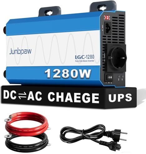 Junbpaw 1280W Reiner Sinus Wechselrichter 12V auf 230V 50Hz, 3‑in‑1 mit USV, 18A Ladefunktion & Netzpriorität, kompatibel mit GEL/LiFePO4/AGM, Notstrom für Wohnmobil Homeoffice Haushalt