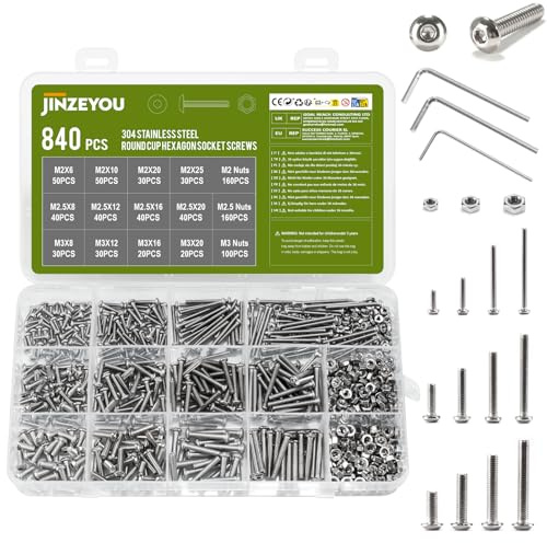 840 Pièces Vis M2 M2,5 M3, Vis à Tête Bombée à Six Pans Creux avec écrous Rondelles, Boulons a Tête Cylindrique Ronde Hexagonale avec Écrous, Boutons a Six Pans Creux en Acier Inoxydable