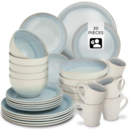 tectake® Set stoviglie 30 pezzi terracotta, servizio piatti 6 persone, set piatti moderni grandi, piccoli, fondi, ciotole, tazze, gres smaltato, design moderno, lavastoviglie microonde - Grigio
