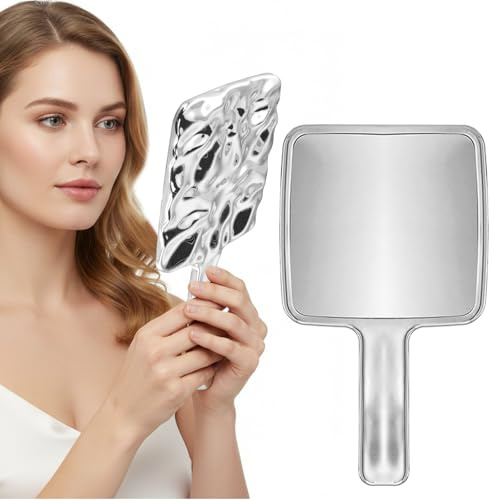Tinsellns Handspiegel, ABS Tragbarer Spiege, Handspiegels mit Griff, Große Reise-Handspiegel, Schminkspiegel für Handheld, Zuhause, Reisenutzung, Make-up, Friseure, Rasierspiegel - Silber