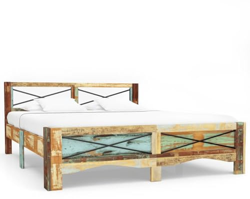 Fecpoo WGYHOME Massivholzbett 140x200 cm Altholz Vintage-Look mit antikem Charme – massives wiedergewonnenes Holz, poliert & lackiert, für Erwachsene