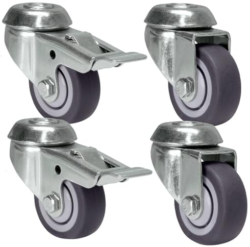 SAMA-Tech Transportrollen mit Rückenloch Graue Möbelrollen - 50mm Rollen-Set: 2x Lenkrolle + 2x Lenkrollen mit Bremsen - Spurlose & Leise Rollen für Möbel Stühle Rollbrett Transportroller