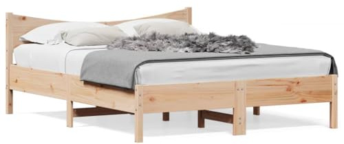 Qnhdfrt Massivholzbett 150x200 cm, Bettrahmen aus Kiefernholz mit Kopfteil, Rustikales Doppelbett Naturholz für Schlafzimmer, Stabiles Gestell mit Lattenrost