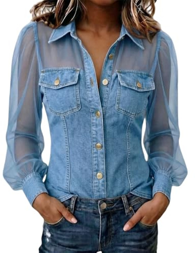 Damhalsband Sheer Mesh Långärmad Denim Blus Button Down Jean-skjorta | Denim lappverk blus, genomskinlig Chambray-skjortor, sommar gå ut toppar