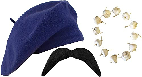 I LOVE FANCY DRESS - Blaues Basken- und Knoblauch-Girlande + Faschengirlande Französischer Bastille Day Kostüm für Männer & Frauen (Blaue Baskenmütze & Knoblauch-Girlande)