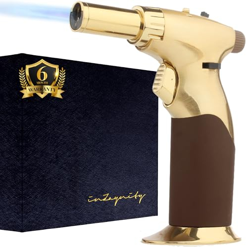 Powerful Dual Flame Style+Triple Adjustable Flame Size in One Hand Butane Torch-by inZaynity-Refillable Blow Torch Continuous Flame Lock,Soldering,Cooking,BBQ,Crème Brulee,Welding,Resin (Gold Metal)