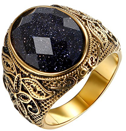 JewelryWe Schmuck Herren-Ring, Lila Sandstein Edelstahl, Retro Klasische geschnitzt Blumen Muster Ring Band, Gold