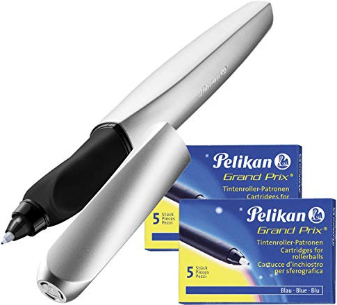Pelikan Tintenroller Twist, universell für Rechts- und Linkshänder, silber + 12 Patronen