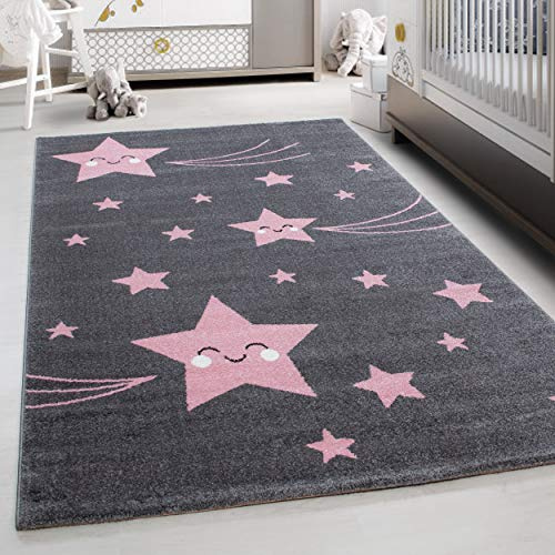Teppium Kinderteppich für Jungen und Mädchen Sterne Muster 120 cm Rund Pink - Kurzflor Waschbarer Teppich Extra Weich und Antiallergen - Teppich für Kinderzimmer, Babyzimmer und Spielzimmer
