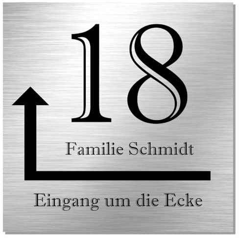 Edelstahl Hausnummernschild mit Pfeil * Modell 18 Eingang um die Ecke | moderne Hausnummer in zeitlosem Design, Namensschild, Hinweisschild mit Pfeil