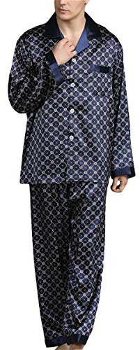 Allmänt satinpyjamas herr lång pyjamas hemmadräkt nattkläder långärmad skjorta och pyjamasbyxor, #89008 blå, XL