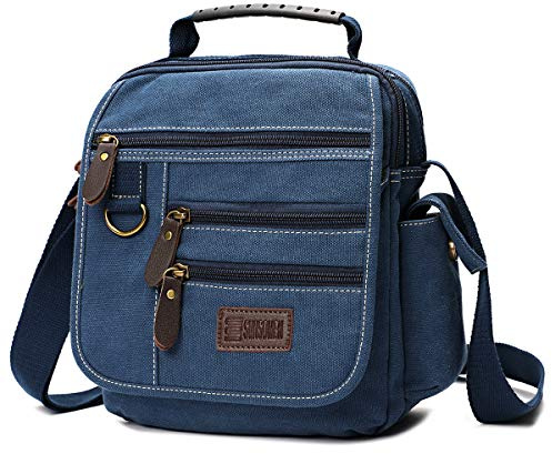 SUNSOMEN Mens bag Canvas Shoulder Bag Small Messenger Crossbody Work Bag Vintage Multi-function (D.Blue)
