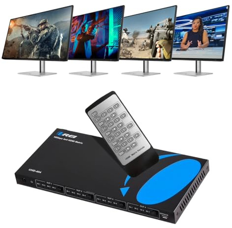 OREI 4x4 HDMI 4K Matrix Switch/Splitter, (4-Input, 4-Output) with Remote Control Supports UltraHD 4K@60Hz 4:4:4, HDR, YUV, HDMI 2.0, HDCP 2.2, 3D, 1080p, 18 GBPS - Downscaler (4K & 1080p Together)