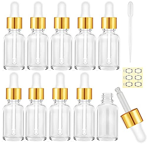 Alledomain 10 st, 10 ml klara glasflaskor med pipetter, mini tomma droppflaskor gyllene metalllock påfyllningsbar provbehållare för eteriska olja/aromaterapiblandningar/kemisk vätska