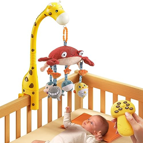 tumama Baby 0-6 månader barnsäng mobil spjälsäng leksaker giraff musikaliska lampor fjärrkontroll med spegel mjuka hängande skallror vaggvisa roterande projektor sova auto av, tyst snurra motor spädbarn nyfödd gåva