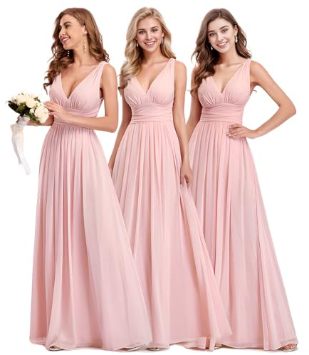Ever-Pretty Vestito da Cerimonia Donna Linea ad A Stile Impero Chiffon Scollo a V Senza Maniche Abito da Damigella Rosa 58EU
