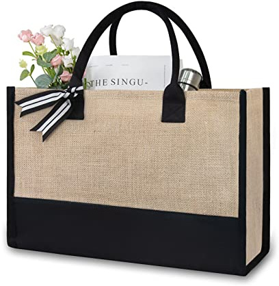 TOPDesign Initial Jute/Canvas Tote Bag, Personalized Present Bag, Suitable for Wedding, Birthday, Beach, Holiday, is a Great Gift for Women, Mom, Teachers, Friends, Bridesmaids (Plain)