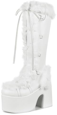 VIMISAOI Womens Mid Calf Boots, Lace Up Zip Block Chunky High Heel Punk Goth Warm Fur Winter Snow Platform Boots