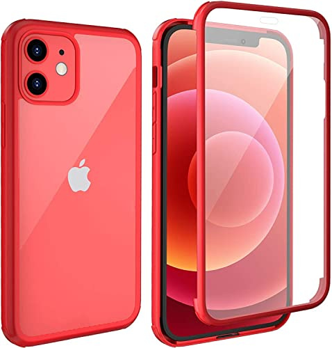 Leedia 360 Grad Hülle Kompatibel mit iPhone 12 mini Hülle Ganzkörper Eingebauter Glas Displayschutzfolie Stoßfest Schutzhülle Transparent Durchsichtig Handyhülle für iPhone 12 mini 5G 5.4 Rot