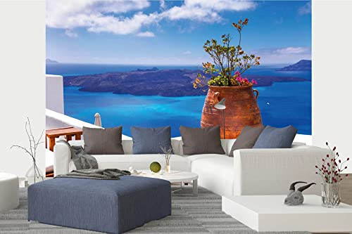 Vlies Fototapete INSEL SANTORINI 375 x 250 cm (inkl. Kleister) - Vlies Tapete, Wandtapete, Wandbilder - Tapete für Wohnzimmer Schlafzimmer, Büro, Küche - Montagefertig