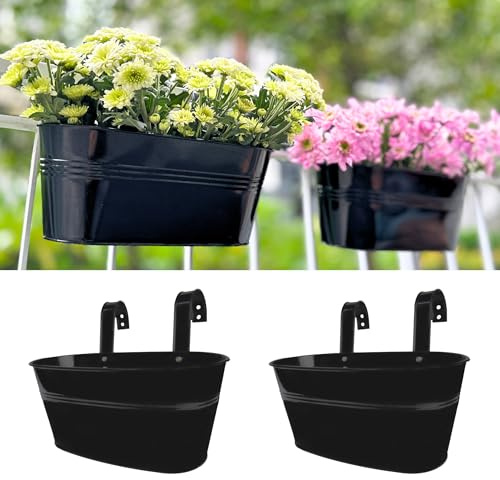 LaLaGreen Rail Planter Outdoor Plants (11.8 Inch, 2 Pack) Black Metal Iron Fence Hanging Flower Pots Deck Railings Buckets Countryside Boho Style Wall Mount Window Box Plant Holder Hooks Porch Decor