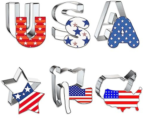 6Pcs Patriotic Cookie Cutters Set USA 250th Anniversary American Flag Map Cutter Mold for Holiday Patriotic Party Stainless Steel Biscuits Cutters for Memorial Day 4th of July Home Baking Supplies