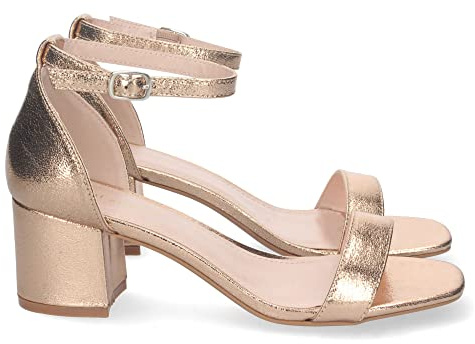 shoes&blues.es 74310 Sandalia de Tacon para Mujer, Comoda, con Pala Fina Simple, Estilo Ankle Strap, y Cierre de Hebilla Champan Talla 37
