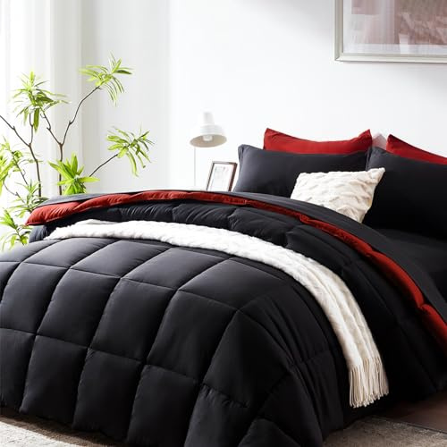 COZYART Juego de edredón matrimonial de 7 piezas, cama negra y roja en una bolsa, juego de edredón reversible ligero y suave para todas las estaciones, 1 edredón, 1 sábana encimera, 1 sábana bajera, 2