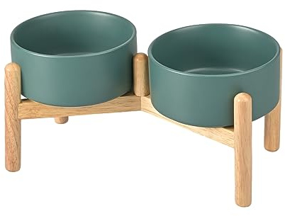 SPUNKYJUNKY Hundenapf Keramik Fressnapf Erhöhter Futternapf Wassernapf mit Bambus Ständer für mittelgroße und große Hunde (850ml, Grün)