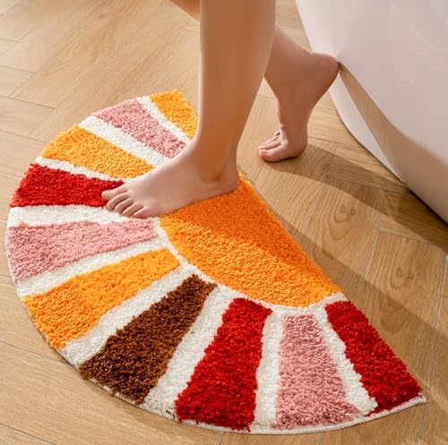 QIUKUN Boho-Badezimmerteppich, halbrund, niedlicher böhmischer Badteppich, rutschfest, waschbar, für Schlafzimmer und Duschraum