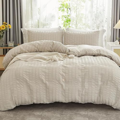 Freyamy Seersucker Bettwäsche 200x220 Beige Geprägt Gestreift BettwäscheSet