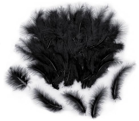 JZK 200pcs 9~15cm Black Natural Fluffy Feathers for Crafting, Real Feathers for Crafts DIY Material, Dream Catcher, Fascinator, Hat, Cake Decorations, Costumes