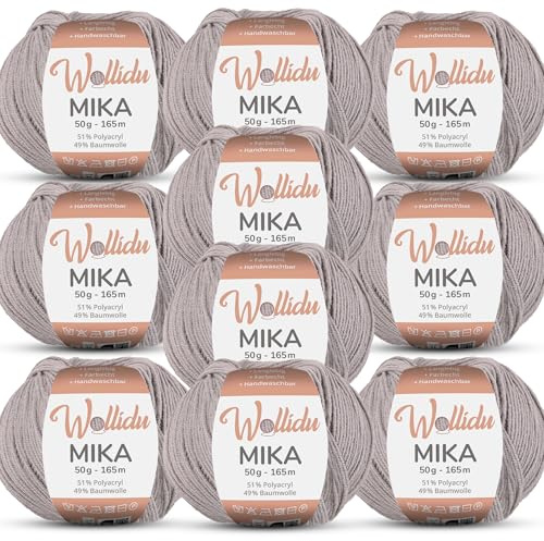 Wollidu Mika 51% Polyacryl 49% Baumwolle zum Häkeln und Stricken 10x 50g/165m Oeko-Tex Strickgarn Häkelgarn - Hellgrau