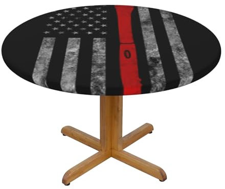 Firefighter Axe Red Line Flag Printed Round Tablecloth - Elastic Edged Fitted Table Cloth Round 122cm, Waterproof Wrinkle-Free Table Cover