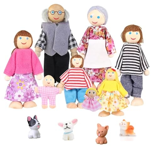 yeemeen Puppenhaus Puppen, 8Pcs Puppenhaus Puppenfamilie, Biegepuppen Puppenhaus Puppen, Holz Puppenhaus Zubehör mit Katze und Hund Biegepuppen für Puppenhaus Zubehör
