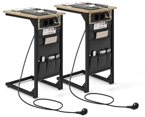 COSTWAY Set di 2 Tavolini a Forma di C, Tavolino da Divano e Letto in Metallo con 2 Prese Elettriche, 2 Porte USB e Tasca Laterale, Comodino per Piccoli Spazi, Salotto e Camera da Letto
